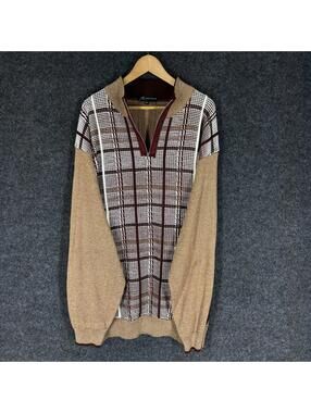 Montique Sweater Pullover Men 4XL Beige Plaid Zipper Long Sleeve Knit Acrylic